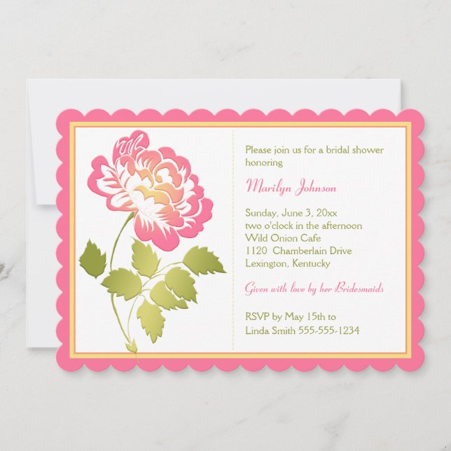 Pink, Yellow, Green, White Peony Bridal Shower Invitation (Front)