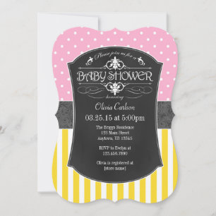 Pink Yellow Grey Chalkboard Stripes Baby Shower Invitation