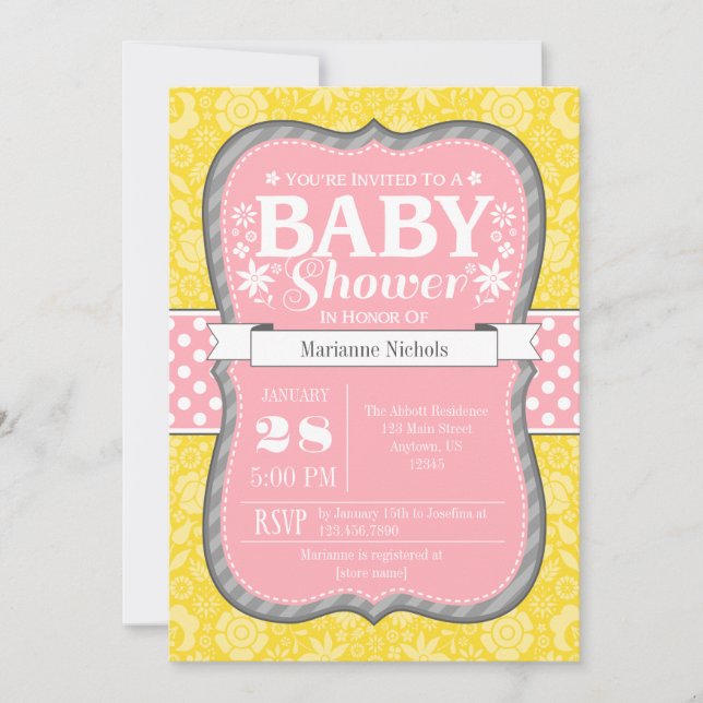 Pink Yellow Grey Floral Flower Baby Shower Invite (Front)