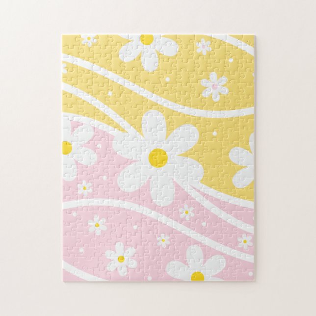 Pink Yellow Groovy Retro Sunshine 60s Daisy Floral Jigsaw Puzzle (Vertical)