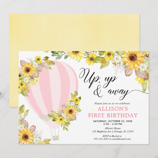 Pink yellow hot air balloon sunflowers birthday invitation (Front/Back)