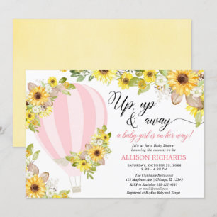 Pink yellow hot air balloon sunflowers girl baby invitation