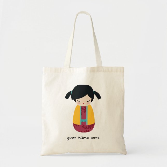 PINK YELLOW Kokeshi Doll Cute Japanese Geisha Tote Bag (Front)