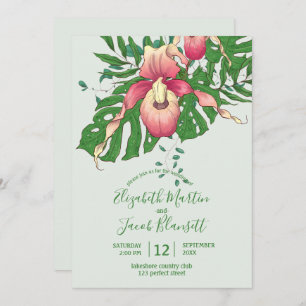 Pink/Yellow Lady Slipper Orchid Green Wedding Invitation