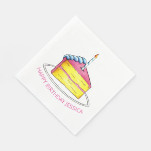 Pink Yellow Layer Happy Birthday Cake Slice Candle Napkin