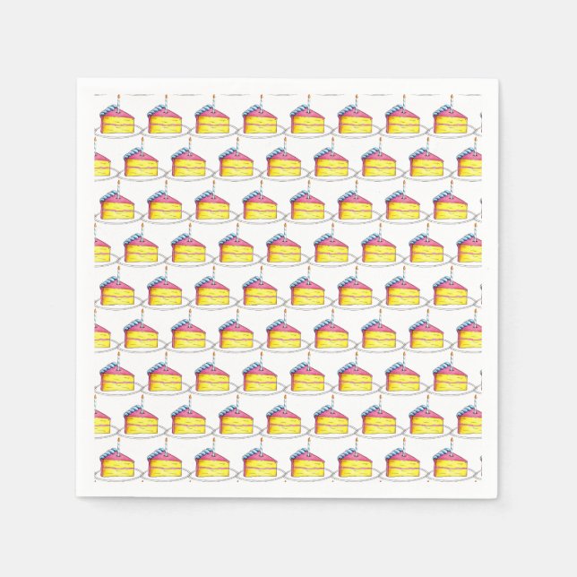 Pink Yellow Layer Happy Birthday Cake Slice Candle Napkin (Front)