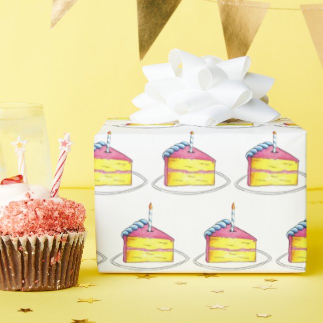 Pink Yellow Layer Happy Birthday Cake Slice Candle Wrapping Paper (Birthday Party)