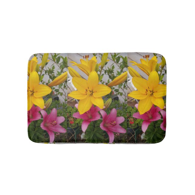Pink Yellow Lily lillies flower floral Bath Mat (Front)