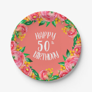 Pink, Yellow, Living Coral Floral Watercolor Paper Plate