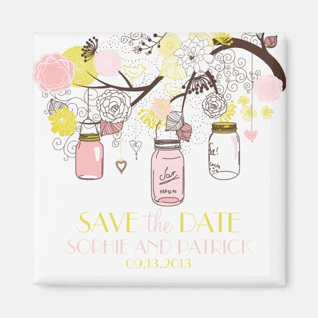 Pink & Yellow Mason Jars Cute Save the Date Magnet (Front)