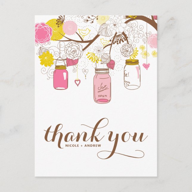 Pink & Yellow Mason Jars Floral Thank You Postcard (Front)