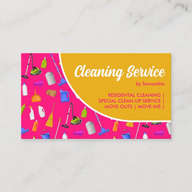 Pink Yellow Modern House Cleaning Service Business Card (Front)