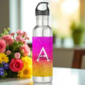 Pink Yellow Monogram Rainbow Sparkle   710 Ml Water Bottle