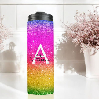 Pink Yellow Monogram Rainbow Sparkle  Thermal Tumbler