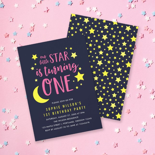 Pink Yellow Moon and Stars 1st Birthday Invitation (Creator Uploaded)