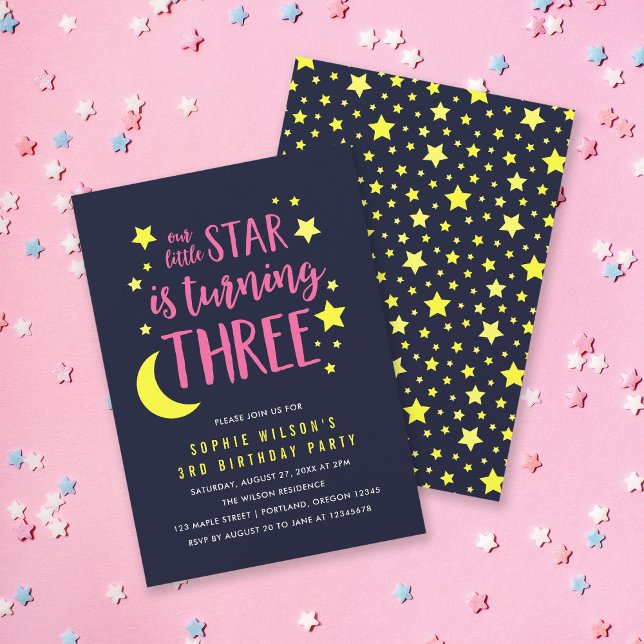 Pink Yellow Moon and Stars 3rd Birthday Invitation (Creator Uploaded)