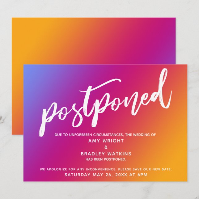 Pink Yellow Ombre Gradient Wedding Postponed Card (Front/Back)