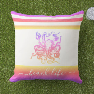 Pink yellow ombre octopus modern beach life script cushion