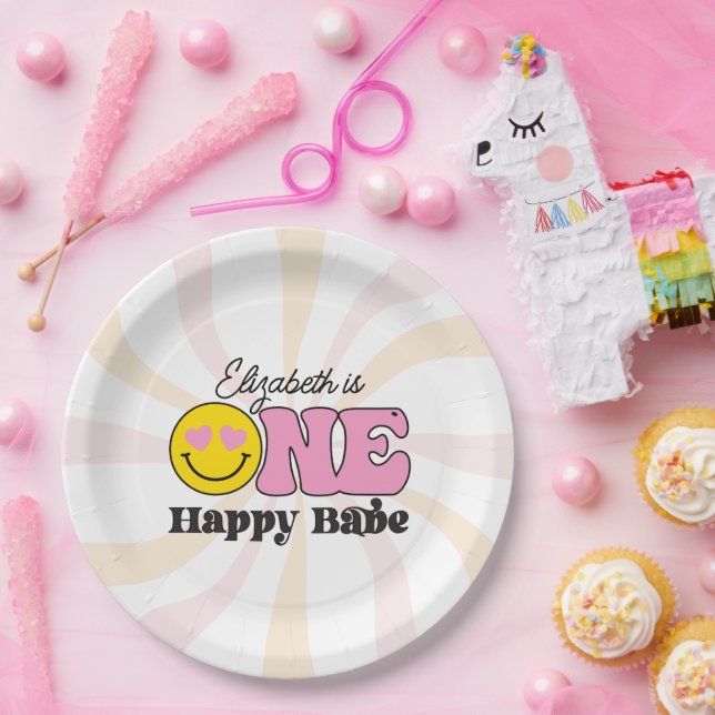 Pink Yellow One Happy Babe First Birthday Paper Plate (Party)