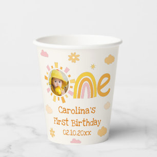Pink Yellow One Sun Birthday Girl Party Photo Paper Cups