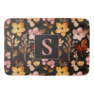 Pink Yellow Orange Floral Black Monogrammed Bath Mat