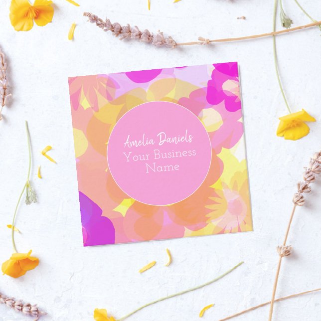 Pink Yellow Orange Floral Square Business Card (Creator Uploaded)