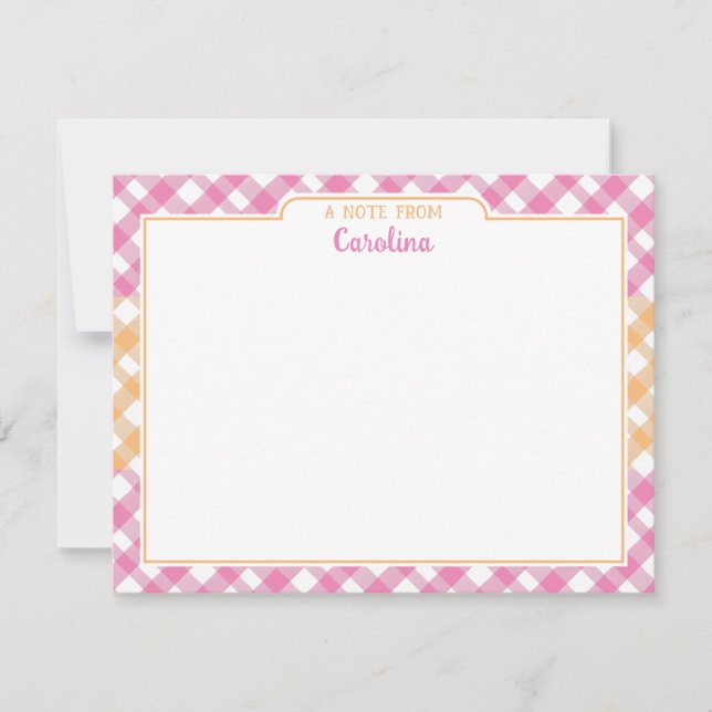 Pink & Yellow Orange Preppy Gingham Stationery Card (Front)