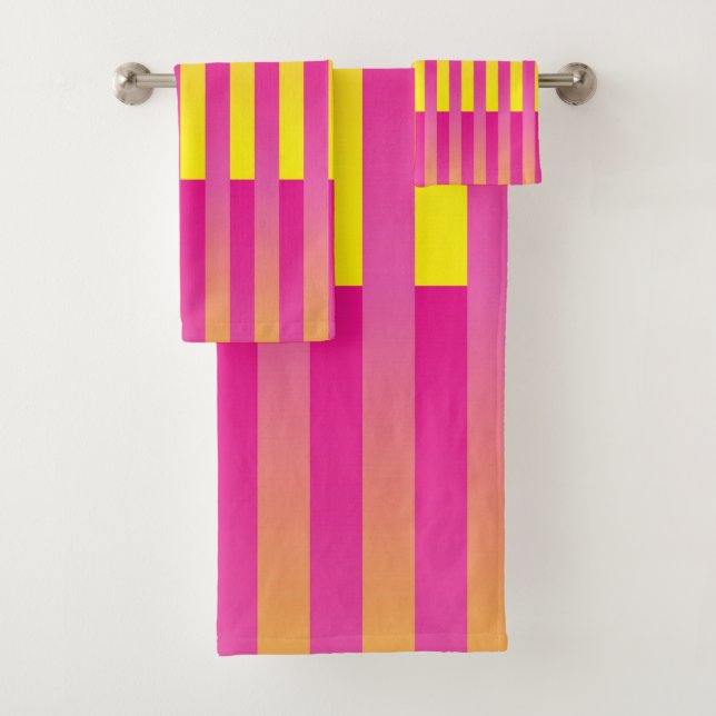 Pink Yellow Orange Striped Pattern Bath Towel Set (Insitu)