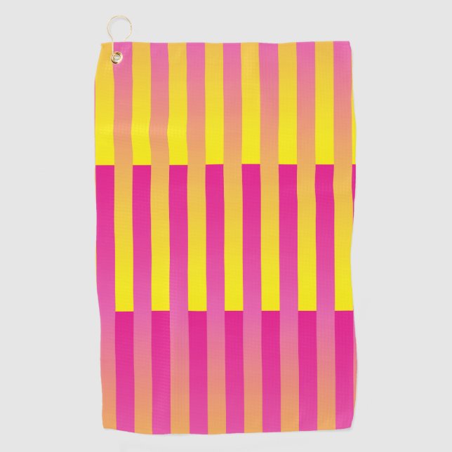 Pink Yellow Orange Striped Pattern Golf Towel (Front)