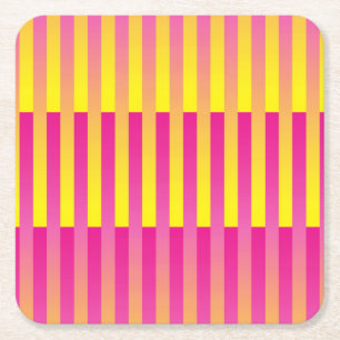 Pink Yellow Orange Striped Pattern Square Paper Coaster
