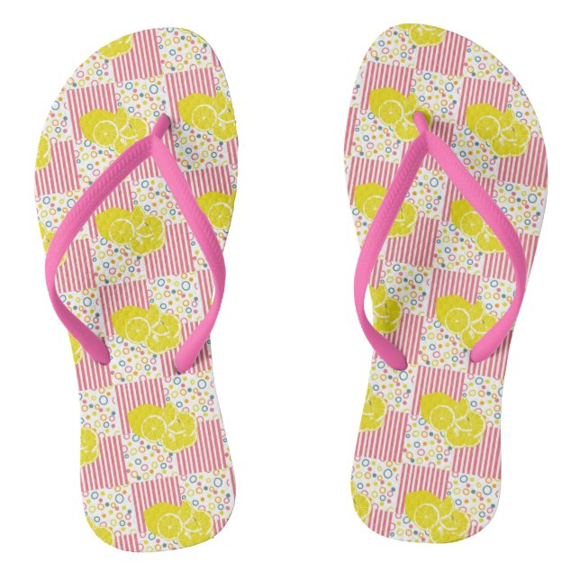 Pink Yellow Orange Teal Lemons Stripes Circles Flip Flops (Footbed)