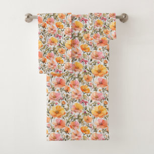 Pink Yellow Orange Wildflowers Watercolor Gift Bath Towel Set