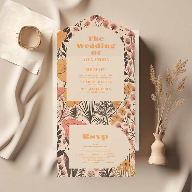  Pink Yellow Orange Wildflowers Wedding All In One Invitation (Creator Uploaded)