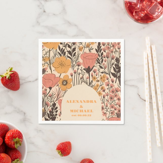  Pink Yellow Orange Wildflowers Wedding Napkin (Insitu)