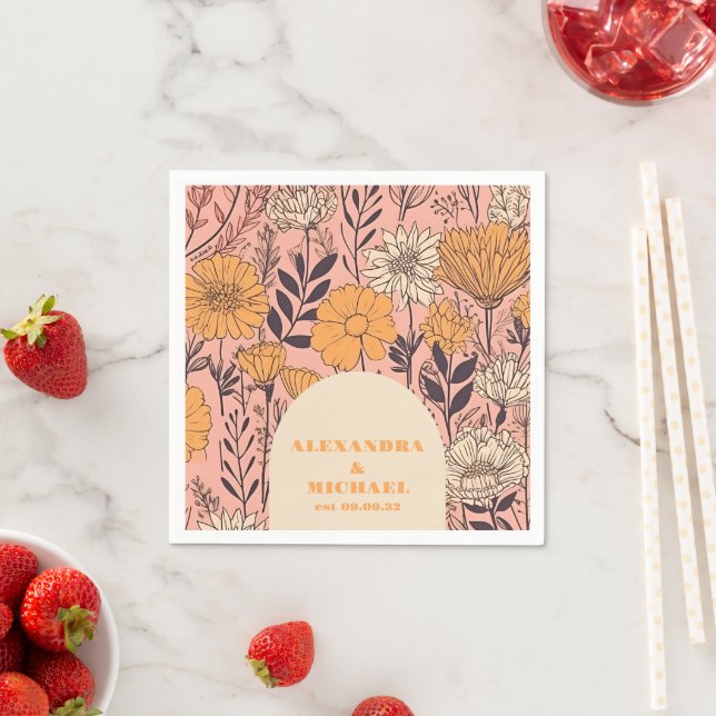  Pink Yellow Orange Wildflowers Wedding Napkin (Insitu)