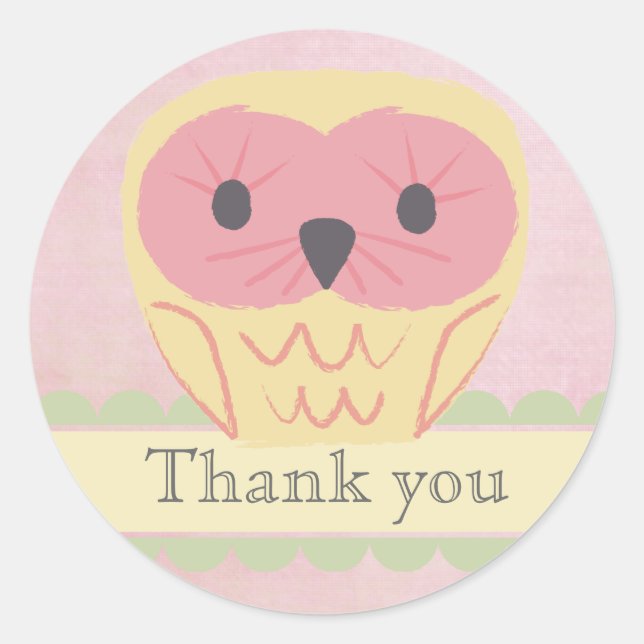 Pink & Yellow Owl Thank You Label Sticker (Front)