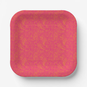 Pink yellow paisley pattern paper plate