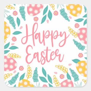 Pink Yellow Pastel Easter Eggs Foliage Square Sticker