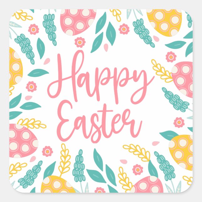 Pink Yellow Pastel Easter Eggs Foliage Square Sticker (Front)