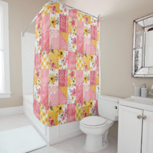 Pink Yellow Patchwork Quilt Rustic Floral Retro  Shower Curtain