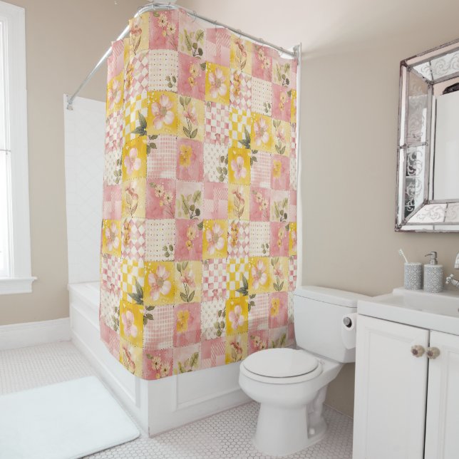 Pink Yellow Patchwork Quilt Rustic Floral Retro  Shower Curtain (In Situ)