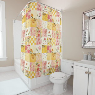 Pink Yellow Patchwork Quilt Rustic Floral Retro  Shower Curtain
