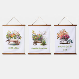 Pink Yellow Peach Flowers Wheel Barrels  Hanging Tapestry