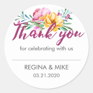 Pink Yellow Peonies Flower Wedding Thank You Classic Round Sticker
