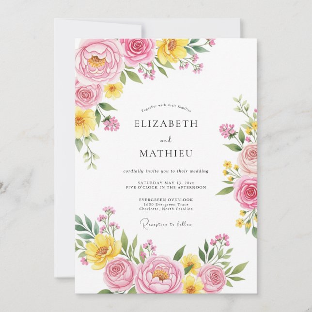 Pink Yellow Poetic Spring Wedding Invitation (Front)