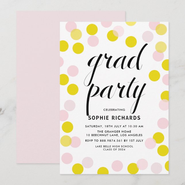 Pink & Yellow Polka Dots Confetti Graduation Party Invitation (Front/Back)
