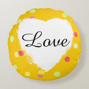 pink, yellow polka dots & white heart love round cushion