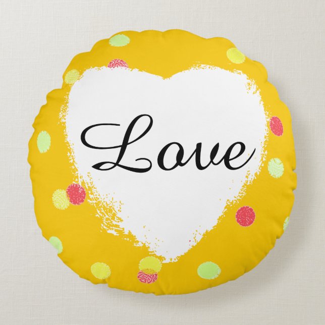 pink, yellow polka dots & white heart love round cushion (Front)