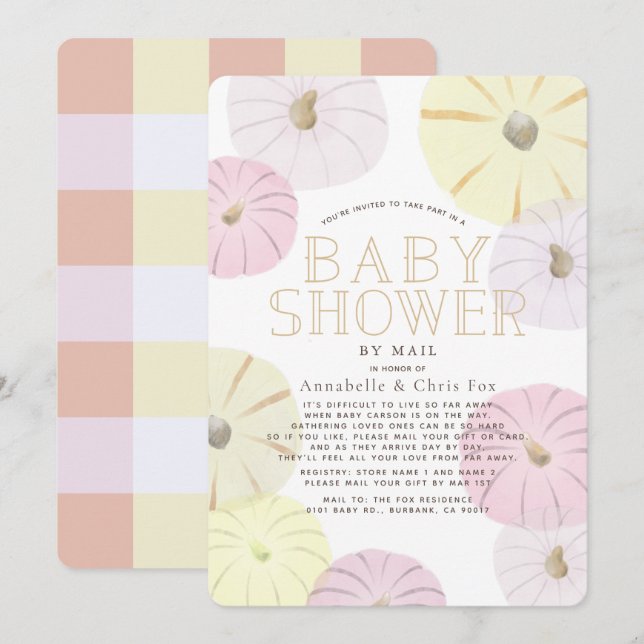 Pink & Yellow Pumpkin Girl Baby Shower by Mail Invitation (Front/Back)