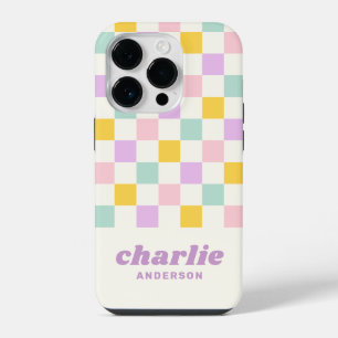 Pink yellow purple blue chequerboard iPhone 14 pro case